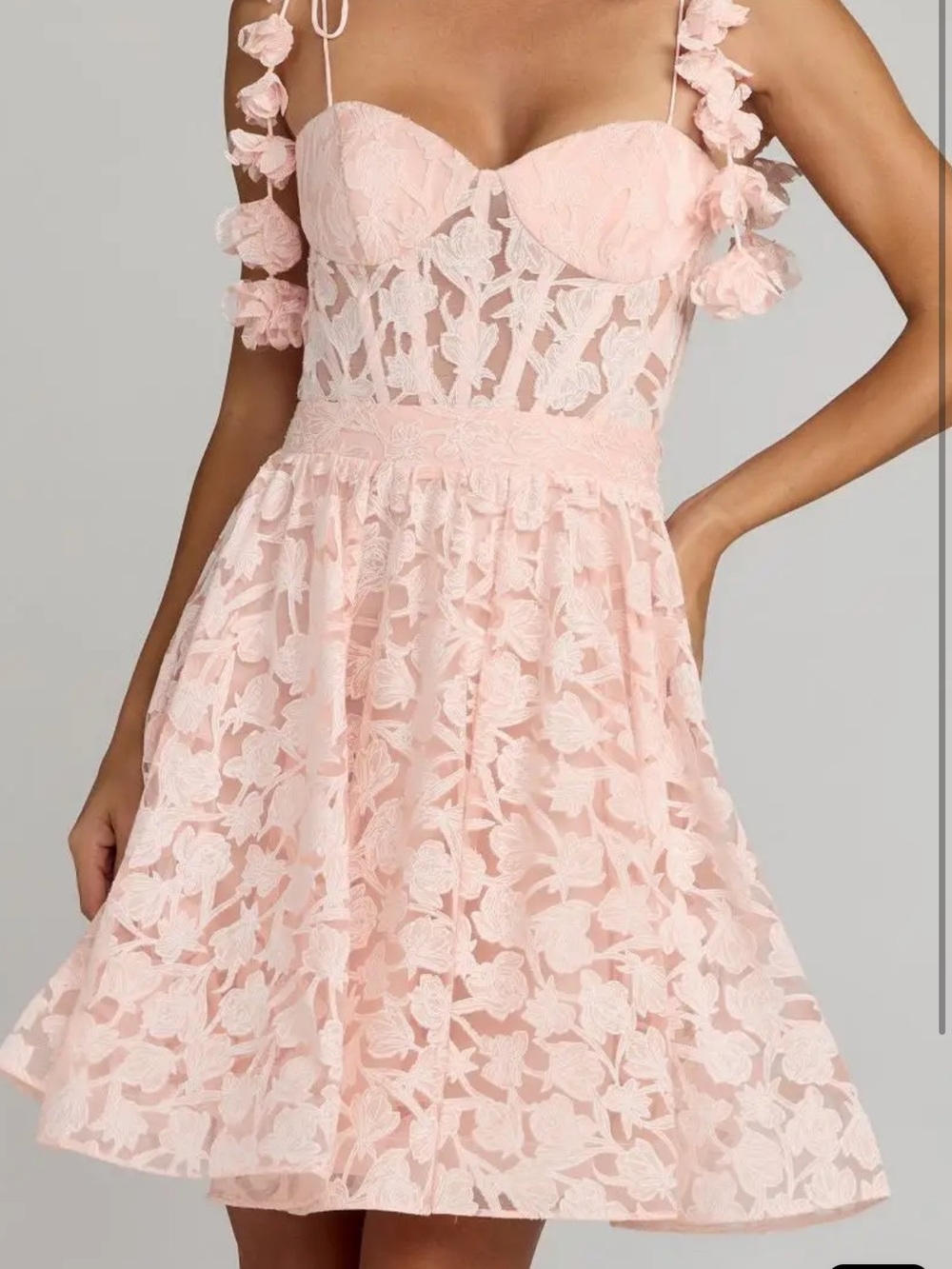 Mac Duggal Blush Pink Strapless Floral Lace Dress with Tie Straps